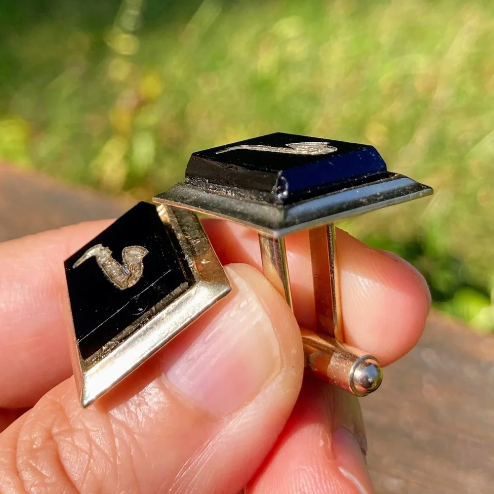Vintage Black Glass Etched Saxophone Silver Tone Cufflinks
